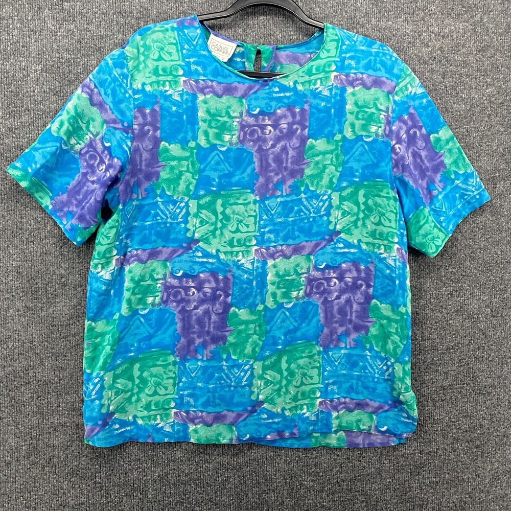 Casual Corner Silk Blouse Womens L Blue Watercolor Boxy 90s Maximalist Granny